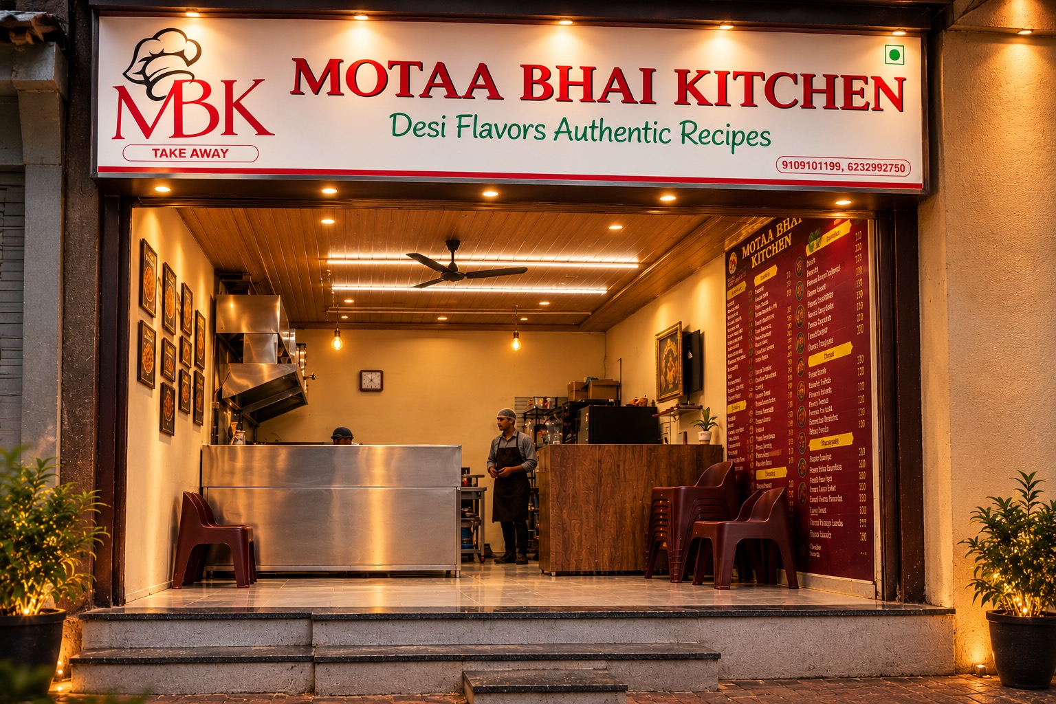 Motaa Bhai Kitchen shop front with signboard, open kitchen counter and menu board, Bada Ganpati, Indore
